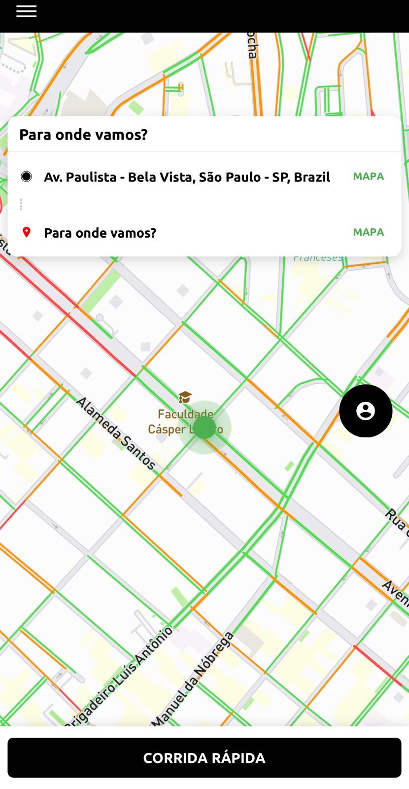 Aplicativo Ezynow mostrando mapa com seleção de destino